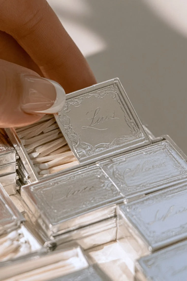 Silver matchboxes with ornate engraved frames and names in script, one held open on white matches