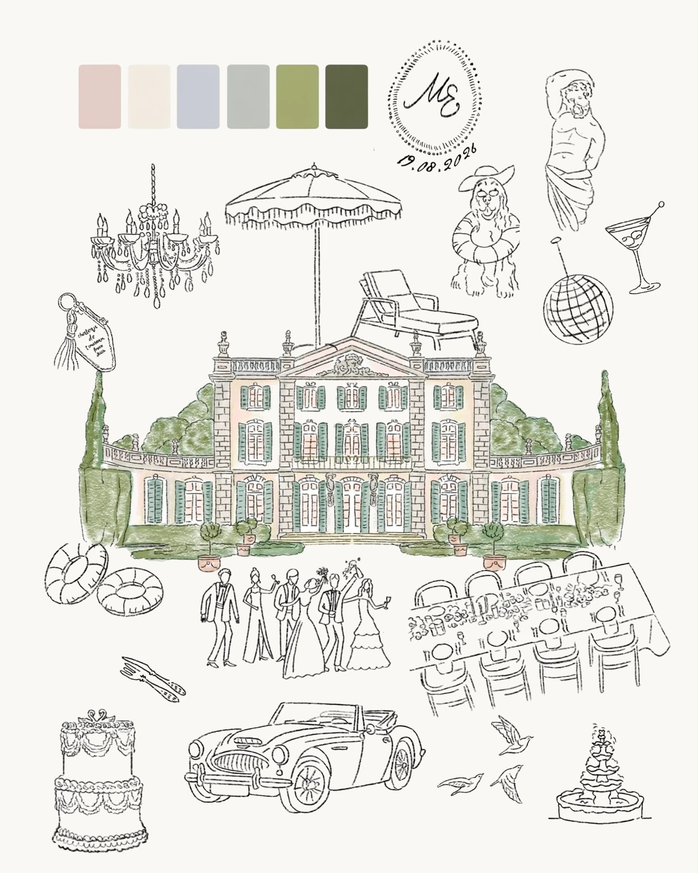 An illustrated wedding world drawn around a French château, with a parasol, a long table and a vintage car
